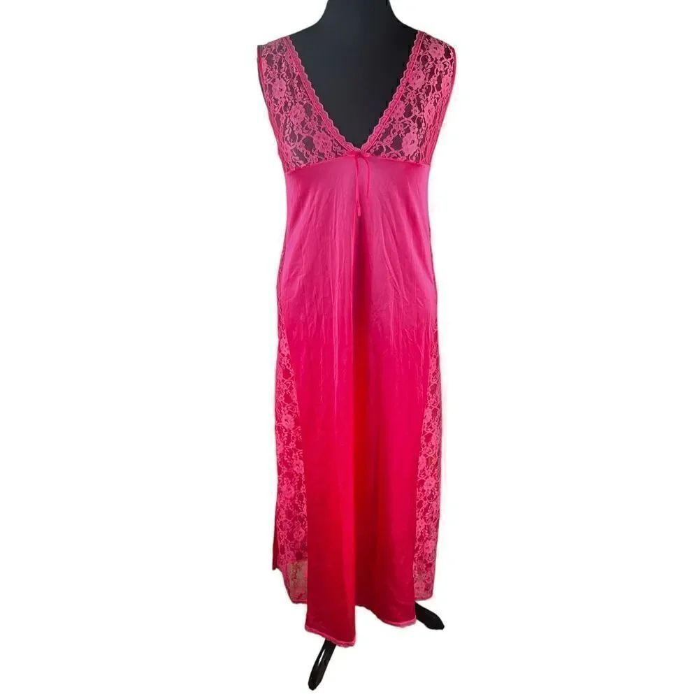 Vintage hot Pink Nylon Satin Lace Accent Lingerie Nightgown Slip Dress Women M